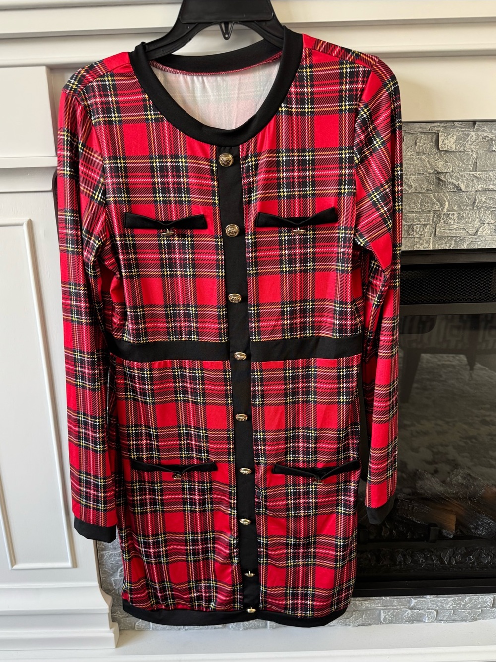 Shein Clasi Women’s Red Tartan Mini Dress  Plaid Black Button Placket Form Fit